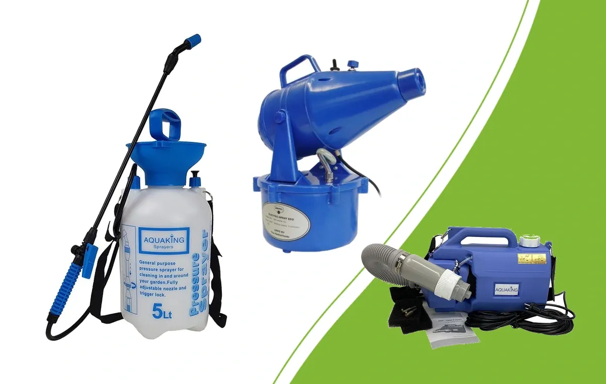 Aquaking 5-Liter-Drucksprüher neben ECO 4-Liter-Vernebler und Aquaking Fogger