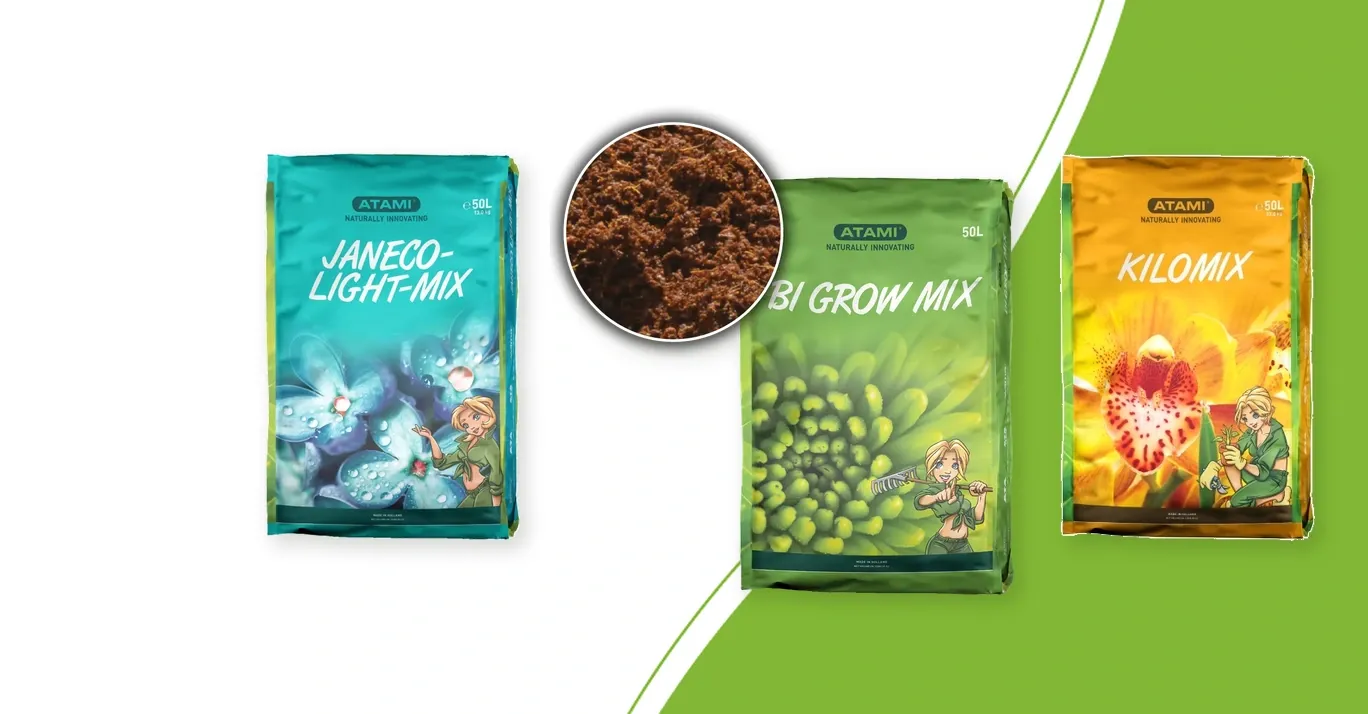 Atami Janeco Lightmix, Bi Grow Mix und Kilomix in 50-Liter-Säcken vor grünem Hintergrund