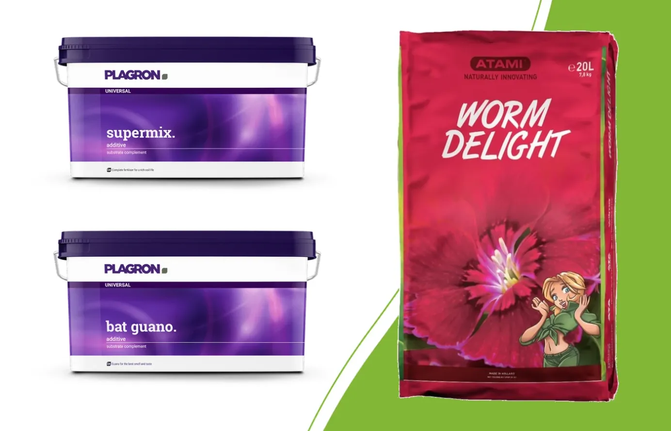 Plagron Supermix und Bat Guano in 10-Liter-Eimern neben einem 20-Liter-Sack Atami Worm Delight