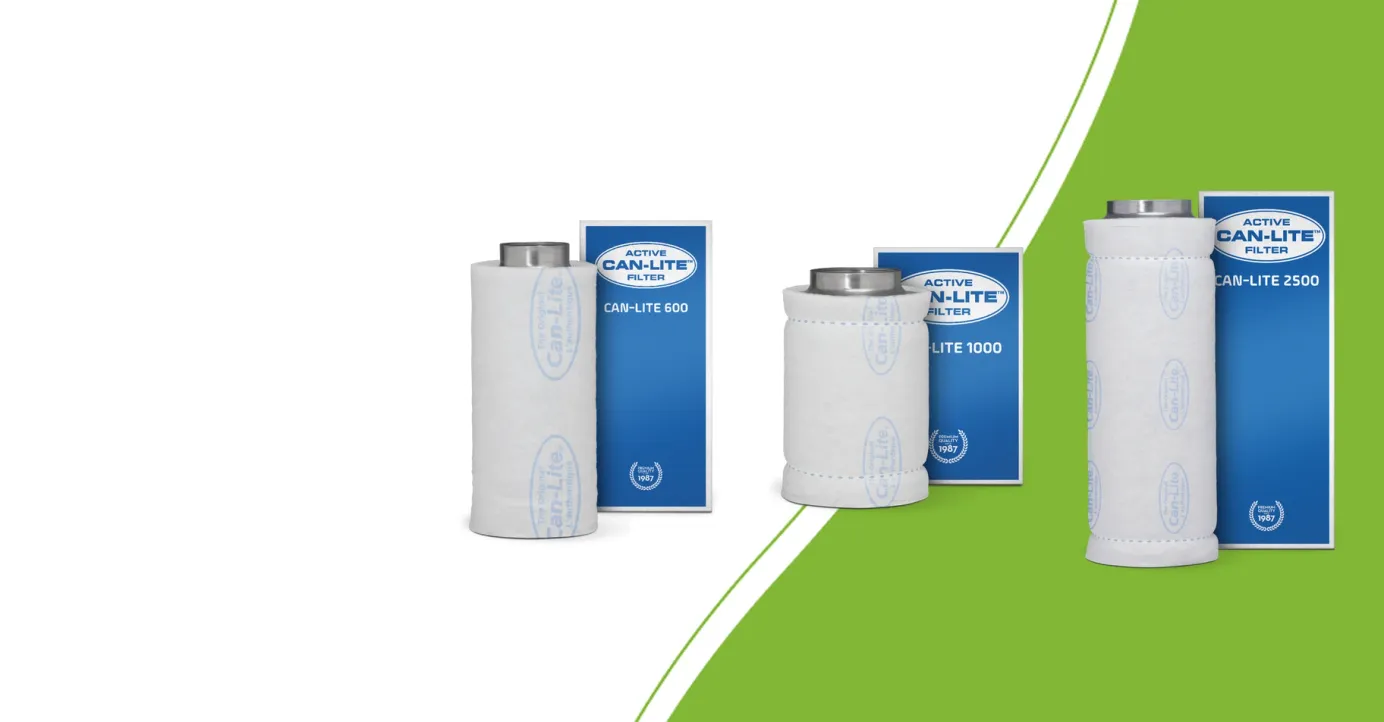 Can Lite 600, 1000 und 2500 Aktivkohlefilter mit Originalverpackung auf grünem Hintergrund