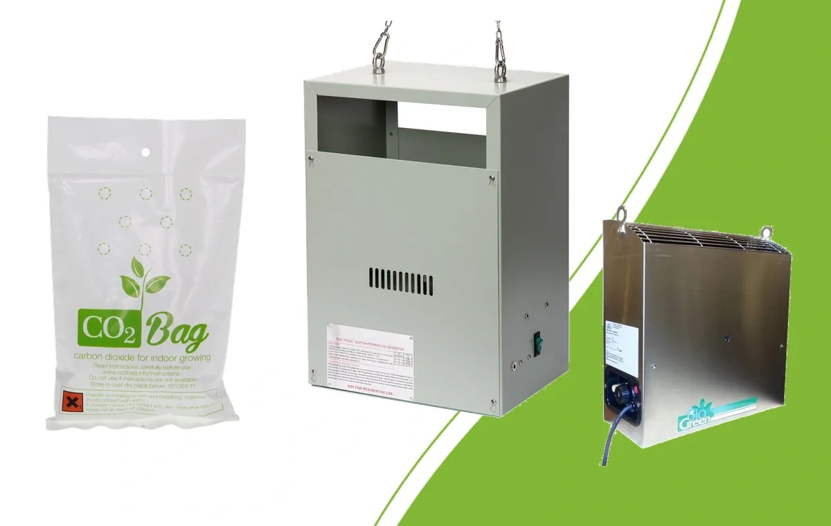 CO2 Bag neben einem Autopilot CO2-Generator und einem Biogreen CO2-Generator