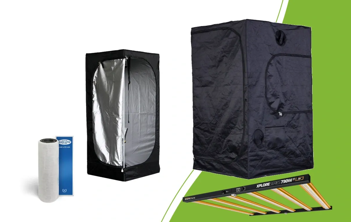 Mammoth Lite 60 und Pro 120 Zelte mit DimLux Xplore LED und CAN Lite Aktivkohlefilter