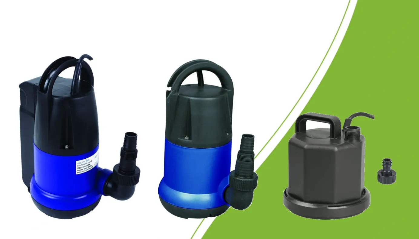 AquaKing Q50011 und Q5503 Tauchpumpen neben dem kompakten Q2001 Flachsauger mit separatem Schlauchanschluss