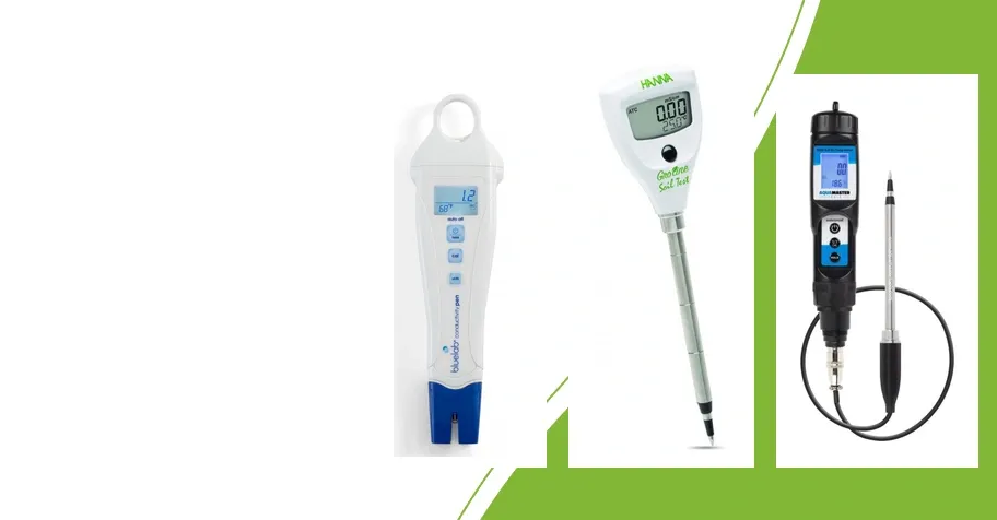 Bluelab EC Pen für Nährlösung, Hanna HI98331 Bodentester und Aqua Master Tools E300 Pro mit separater Substratsonde