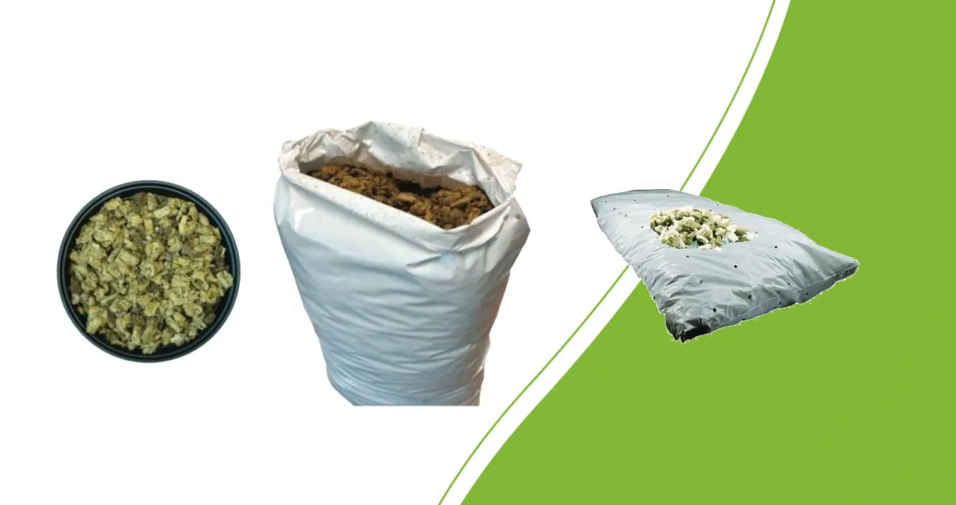 Cultilene Mapito in Sack und Topf neben einem Agra-Wool-RFX-1-Sack mit lockerem Substrat