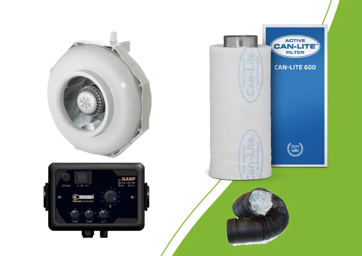 Separate Rohrventilator, Can-Lite Aktivkohlefilter, Cli-mate Controller und Combiconnect Schlauch