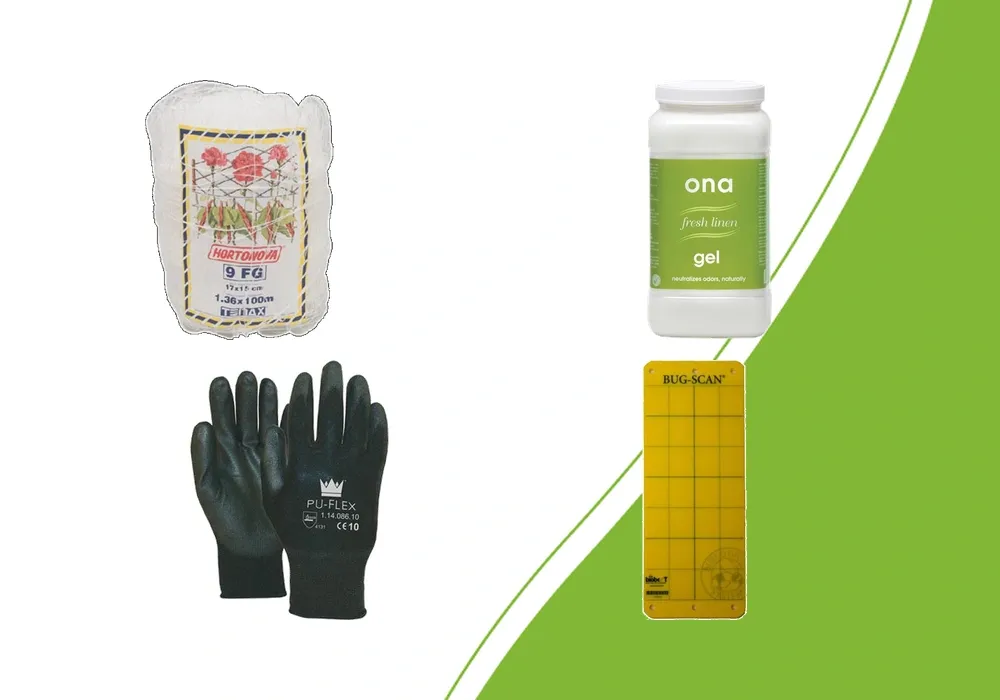 Hortonova Stütznetz, ONA Gel, PU-flex Handschuhe und gelbe Klebefalle