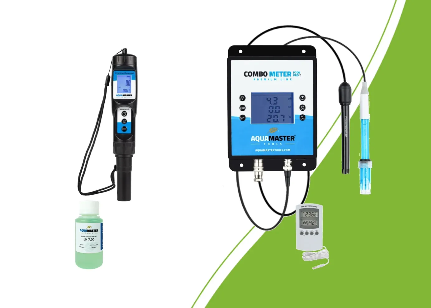 Aqua Master Tools P110 Pro und P700 Pro2, pH-Kalibrierlösung und Thermo-Hygrometer
