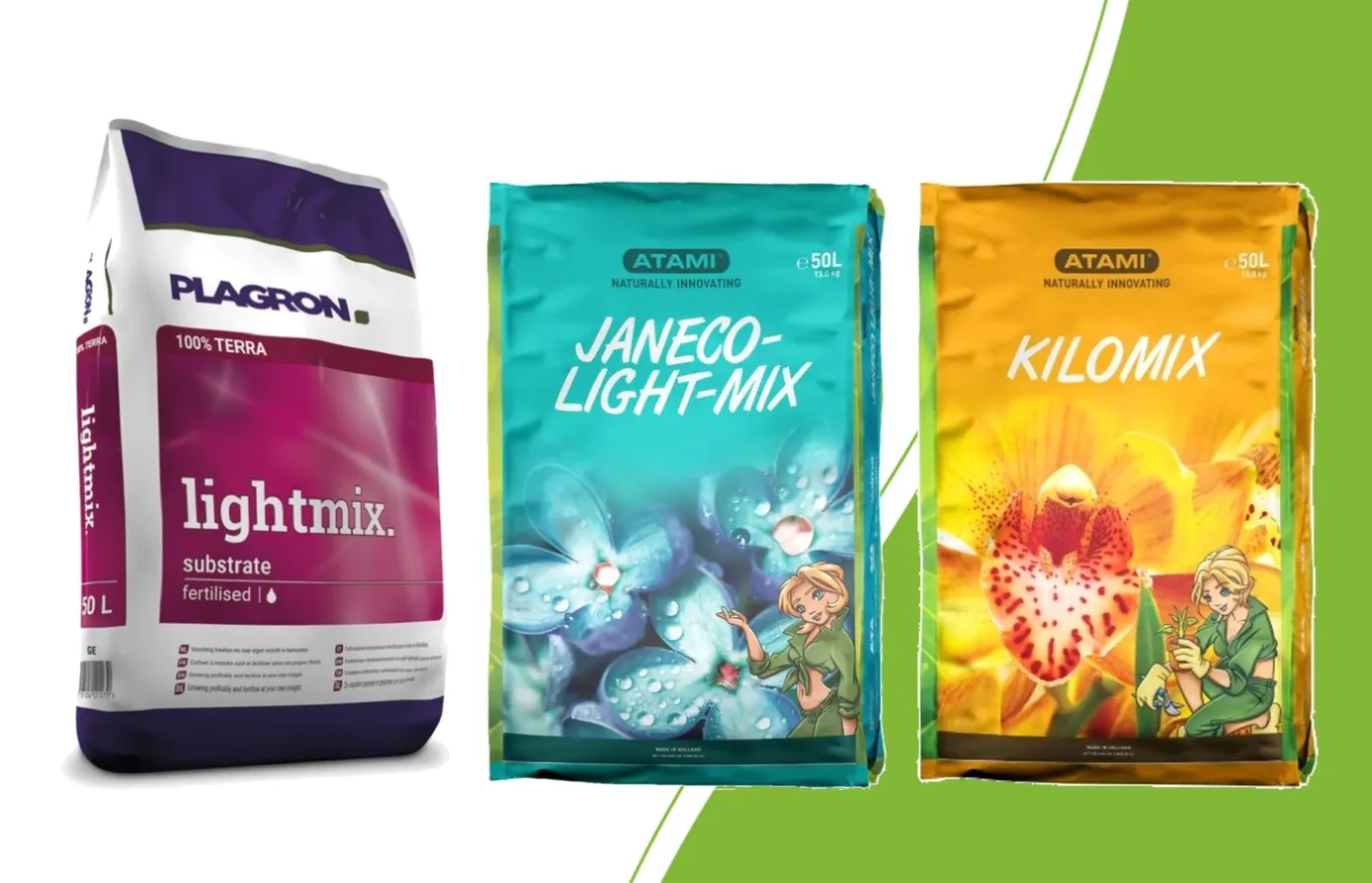 50-Liter-Säcke Plagron Lightmix mit Perlit, Atami Janeco Lightmix und Atami Kilomix