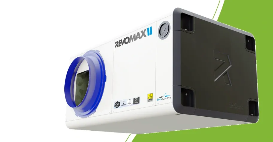 RevoMax II Klimagerät mit blauem Luftflansch und weiß-grauem Gehäuse