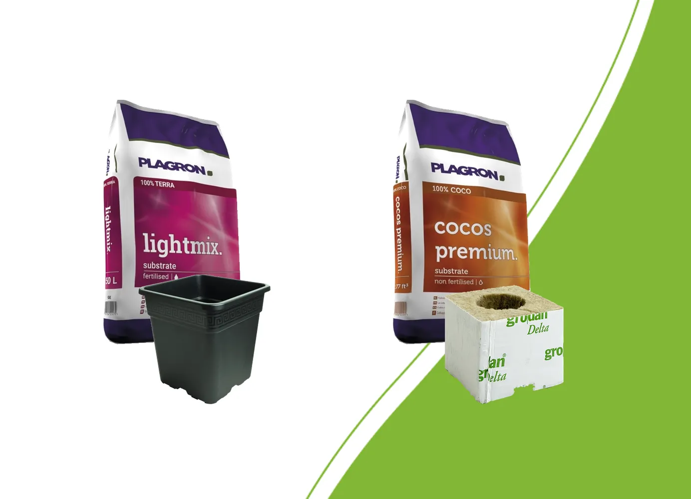 Plagron Lightmix und Cocos Premium, ein eckiger Topf und ein Grodan Anzuchtblock