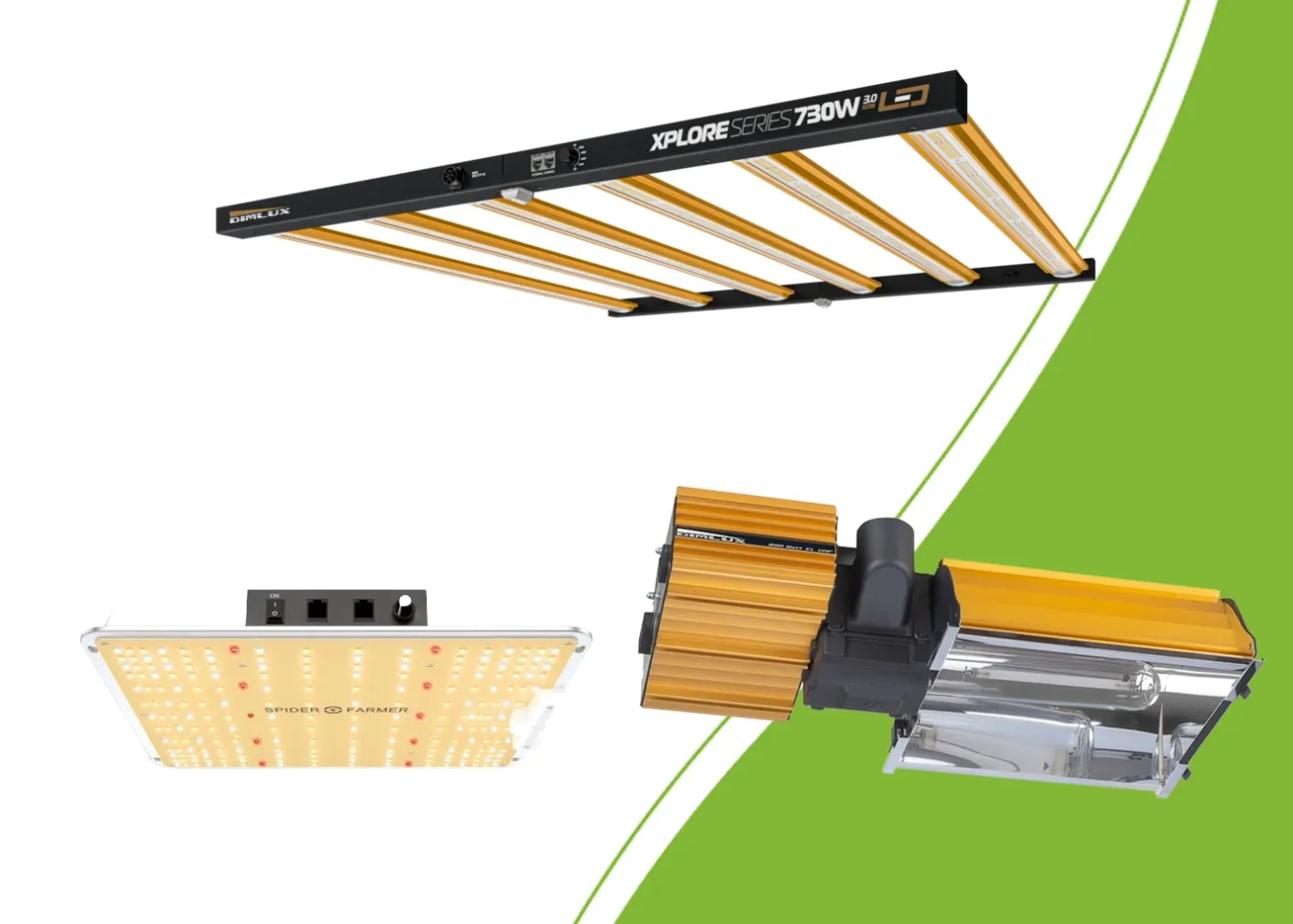 DimLux LED, Spider Farmer SF-1000 und eine DimLux NDL-Leuchte