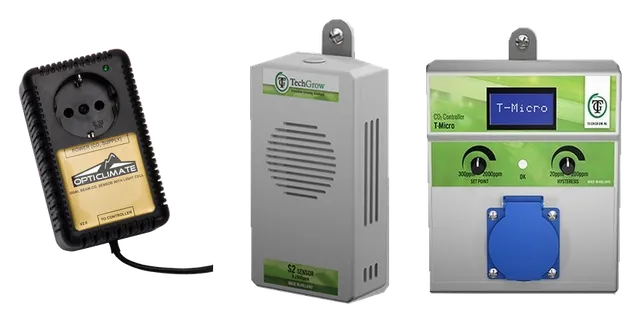 Produktauswahl für CO2-Messgeräte: Dimlux, CO2 sensor 10m; Techgrow losse CO2 sensor, S-2; Techgrow micro CO2 controller (excl. sensor)