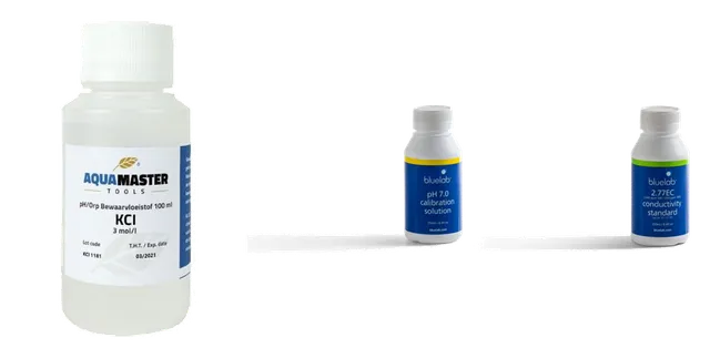 Produktauswahl für Kalibrierlösungen: Bewaarvloeistof KCI 3 mol-l, 100 ml; Bluelab ijkvloeistof set 3x 250ml; Bluelab ijkvloeistof, EC 2,77 250ml