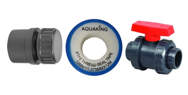 Produktauswahl für PVC-Rohre & Fittings: PVC einddop met schroefdraad 32mm; Teflontape per rol; PVC Kogelkraan 32mm