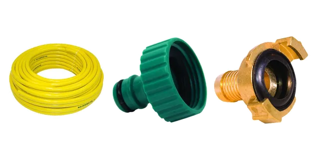 Produktauswahl für Gartenschläuche & Anschlüsse: Gele slang 25mm per meter; Kunststof insteekkoppeling 1" binnendraad; Messing 1" Slangtule