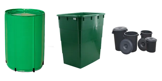 Produktauswahl für Wassertanks: Aquaking opvouwbaar vat 100 ltr; Watervat rechthoekig groen 200 ltr. (incl. deksel); Watervat ronde ton zwart 120 ltr. (incl. deksel)