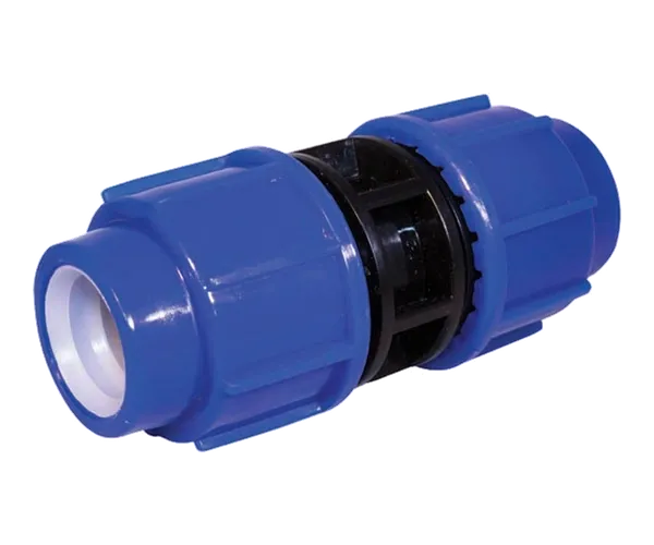 Gerade PE-Kupplung mit 25 mm und blauen Überwurfmuttern