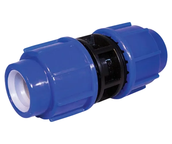 Gerade PE-Kupplung für 25 mm mit blauen Überwurfmuttern